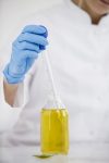 Closeup of a female scientist in a laboratory working with cbd oil extracted from a marijuana plant. She is using a glass dropper and tubes. Healthcare pharmacy from medical cannabis.